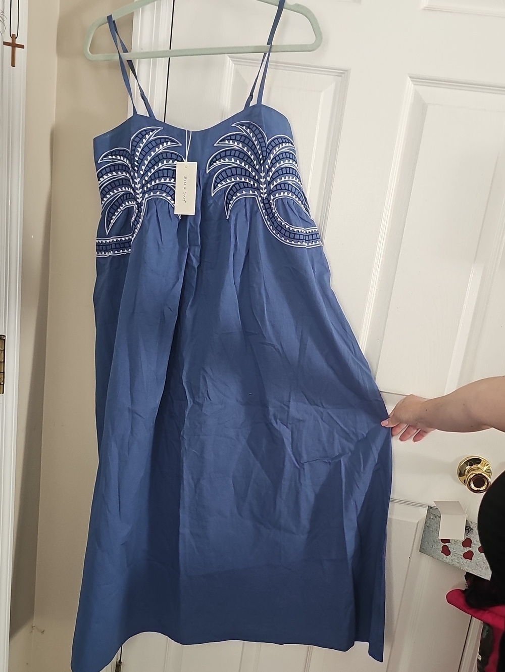 Embroidered Navy Blue Midi Sundress with Spaghetti Straps